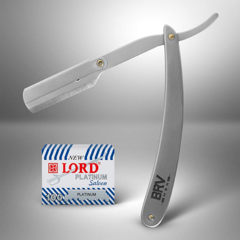 BRV MEN Professional Straight Edge Barber Razor w/ 100 Single Edge Razor Blades | Straight Razors for Men | Barbershop Accessories | Mens Shaving Knife & Shavette - Silver - Image 5